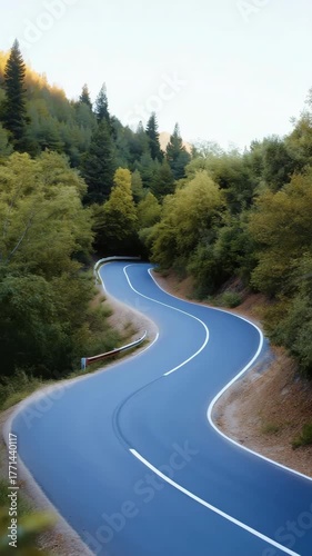 A winding road with trees on both sides. The road is empty and the trees are green. The sun is shining brightly, creating a warm and inviting atmosphere