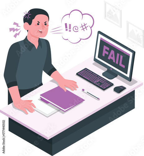 Angry man yelling at computer screen displaying FAIL message anger frustration