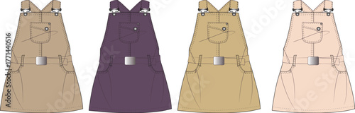 Fashion illustration set featuring multiple women's pinafore style dresses in a diverse range of colors, offering design inspiration for clothing lines and digital fashion assets