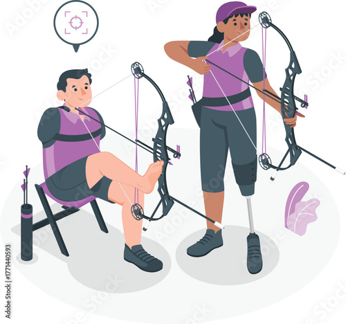 Archery athletes with disabilities practicing on white background amico