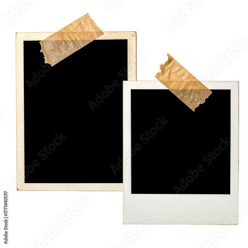 Vintage Memory Holders: Two aged photo frames are adorned with tape, their blank faces ready to house cherished memories. Emphasizing the nostalgia and the essence of preserving time's moments.