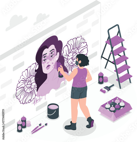 Artist Spray Painting Mural of Woman and Flowers on Brick Wall Keywords: artist, painting, mural