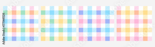 Checkered vichy print, picnic tablecloth plaid, gingham seamless pattern vector set. Traditional square gingham backgrounds. Napkin textile, grid blanket, check kitchen tartan texture in pastel colors