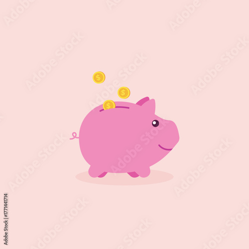 Saving and investment concept: money falling into a pink piggy bank. Flat design for financial planning, retirement fund, and economy
