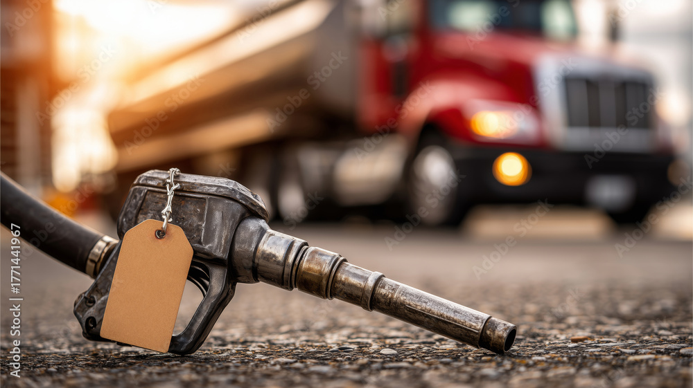 Fototapeta premium Discount diesel fuel pump shines on the asphalt near a parked truck
