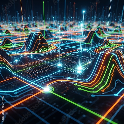An abstract, futuristic cityscape of data visualization. Illuminated lines, vibrant colors, and 3D terrain represent information flow