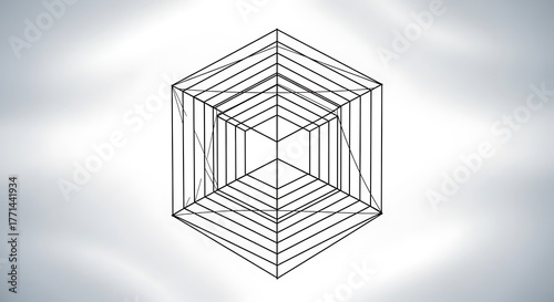 An abstract, geometric representation of a cube. Delicate lines form the edges and interior structure against a blurred, light backdrop