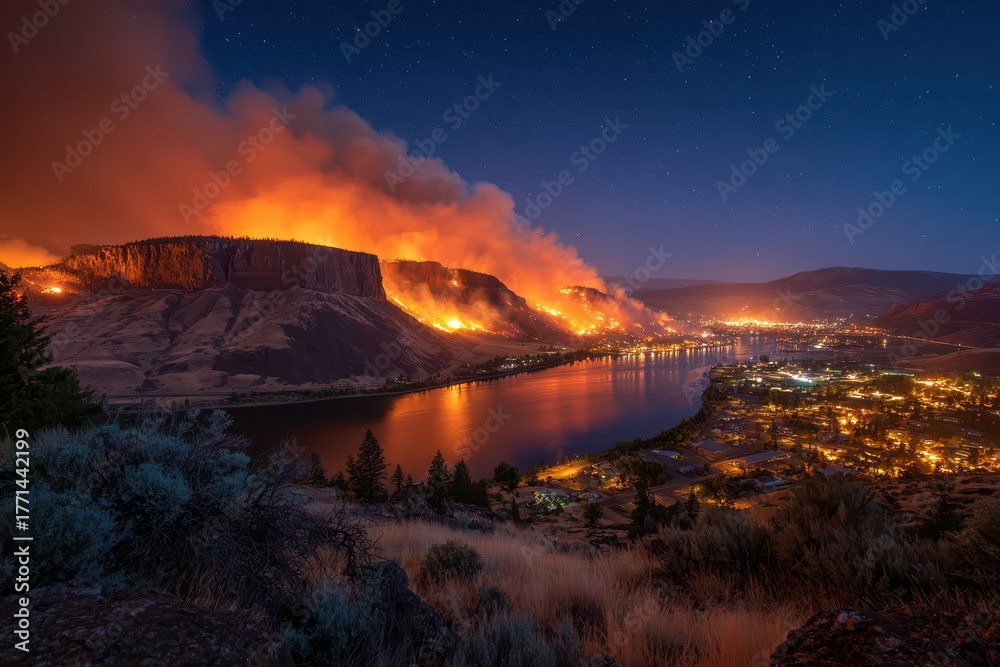 Fototapeta premium Wildfire Washington. Night View of Grass Valley Forest Fire in Grand Coulee Canyon