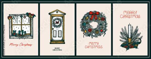 Merry Christmas drawings with lettering - greeting card set. Festive compositions, hand-drawn sketch illustrations. Invitations, banners, posters, cards. Vector line art drawing, isolated
