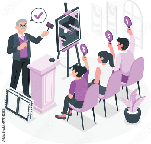 Auctioneer leading a sale with bidders raising paddles bidding