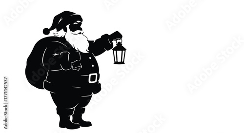 Santa Claus carrying a sack and a lantern, ready for Christmas Eve delivery