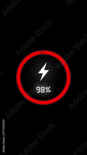 Red Loading screen at 100%, screen cell phone display while charging battery 100%
