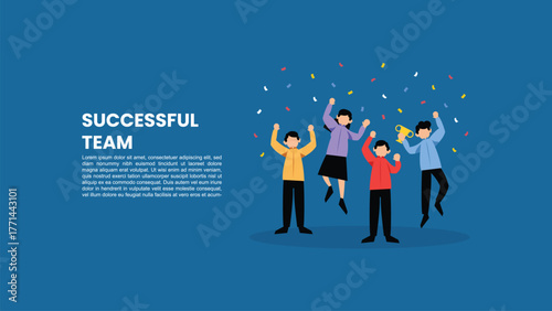 Successful business team of four celebrating their victory and achievement under confetti. Flat vector illustration for teamwork, corporate success, and reward concept