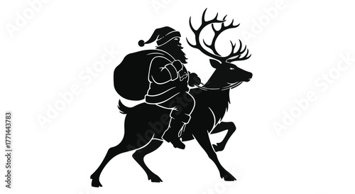 Joyful Santa Claus rides a reindeer with a sack of gifts, celebrating winter holidays.