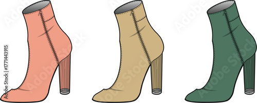 Three fashionable ankle boots with block heels, presented in a trio of soft pastel shades, ideal for stylish everyday wear