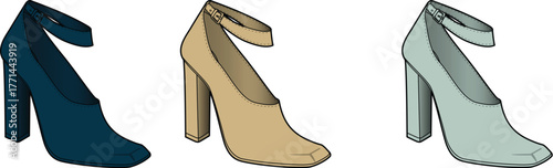 Vector illustration of stylish women's high-heeled shoes, featuring elegant ankle straps in a trio of contemporary colors, perfect for modern fashion and design projects