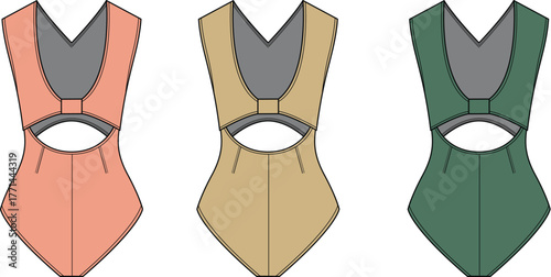 Set of three one-piece swimsuits with a V-neck and midriff cutout design. Fashion technical flat illustration in different color variations