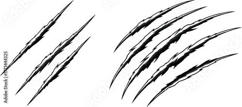 Claw mark vector illustration, jagged slashes, torn scratch design, aggressive style, wild animal attack, horror theme, black graphic element, tattoo concept