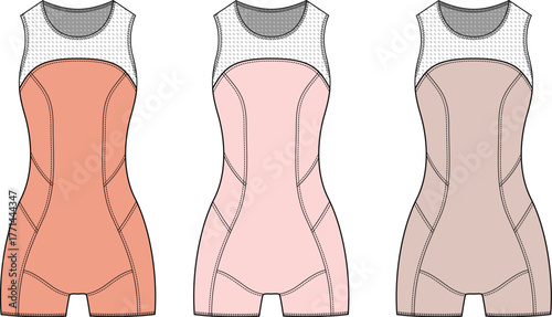 Fashionable athletic leotards in three distinct shades salmon, blush pink, and taupe