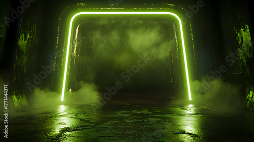 Green room neon bright lights against a technological backdrop. An abstract green backdrop