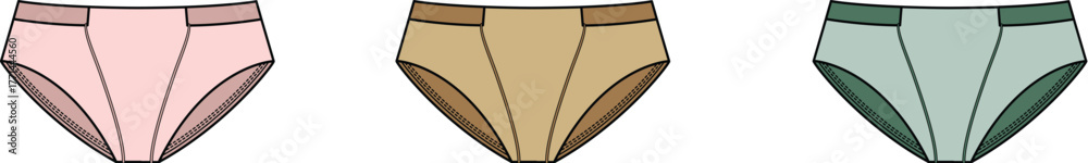 Obraz premium A collection of women's high-waisted underwear briefs in a variety of pastel and neutral colors. Vector illustration set of female lingerie