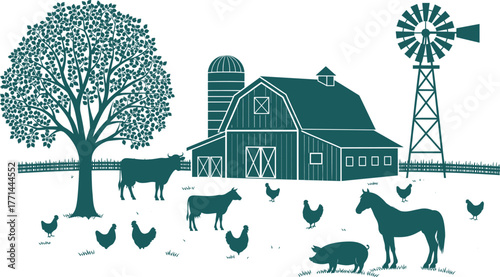Farm scene vector illustration, barn, silo, windmill, tree, cow, horse, pig, chickens, fence, rural landscape, agriculture theme, countryside animals