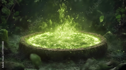 Green room neon bright lights against a technological backdrop. An abstract green backdrop