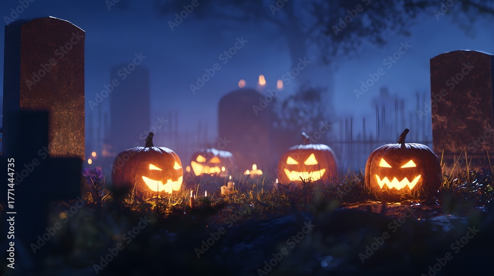 Fototapeta premium Halloween render: glowing pumpkins nestled between cemetery stones, thick fog swirling behind moonlit night, ultra-sharp high-res detail ready for print or screen.