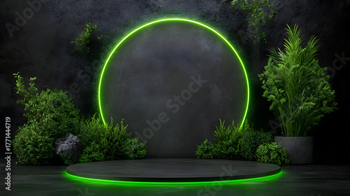 Green room neon bright lights against a technological backdrop. An abstract green backdrop