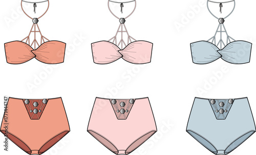 Collection of women's two-piece swimwear fashion flats. Features contemporary halter-neck tops and high-waisted briefs in soft pastel colors, ideal for technical apparel design