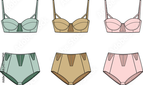 Collection of elegant women's lingerie sets, including bras and matching high-waisted briefs, in various pastel colors