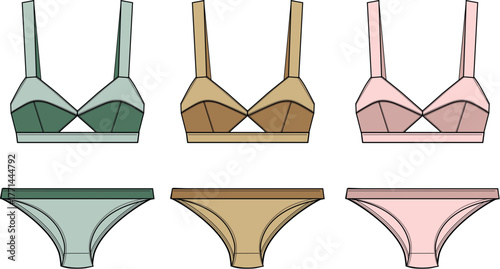 Modern vector illustration of women's intimate apparel. Stylish bra and brief sets in muted colors, perfect for fashion design, product concepts, and clothing display