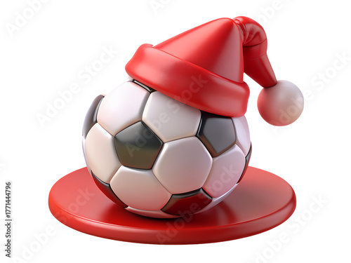 Soccer ball wearing a red santa hat on a red plate isolated on transparent background, a festive and fun image