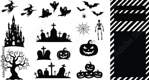 Halloween silhouette vector illustration, witch, ghost, bat, skeleton, haunted castle, graveyard, jack-o'-lantern, spider web, spooky theme, black design