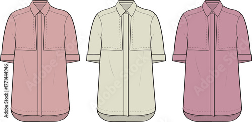 Illustrated shirt designs in three different color variations, displaying apparel options