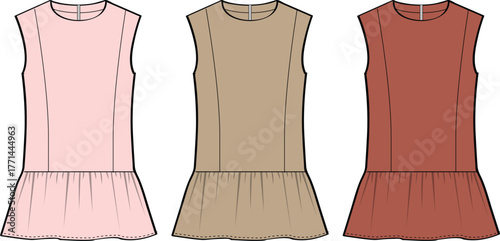 Fashionable sleeveless drop-waist dresses in three different color variations for women's apparel design