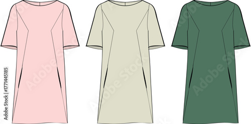 Set of three technical flat sketches of a short-sleeved tunic dress with pockets in pink, beige, and green. Fashion design illustration for apparel