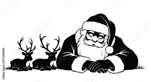 Santa Claus rests peacefully with his reindeer companions in a serene winter scene.