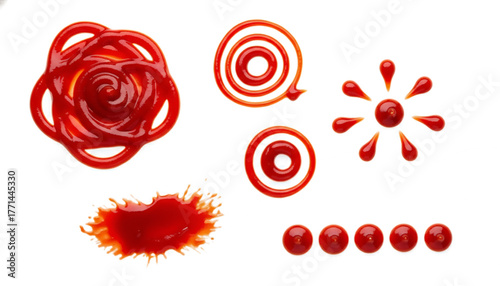 Abstract ketchup splatters and swirls forming artistic designs on a white background