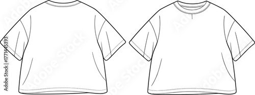 Oversized women t-shirt flat sketch, short sleeve loose fit top front and back view, vector technical drawing, apparel CAD fashion illustration