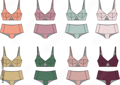 Fashion illustration of women's lingerie sets in various pastel and jewel tones, featuring bras and matching briefs