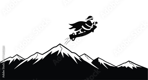 Santa Claus flying over snowy mountains on a jet-powered sleigh