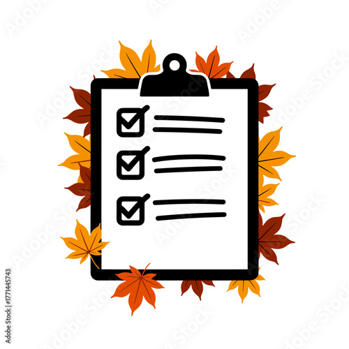 Clipboard with checked items surrounded by autumn leaves for Wishlist  