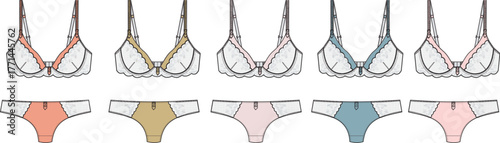 Collection of colorful lingerie sets with bras and panties. Fashion technical flat sketch for apparel design and manufacturing