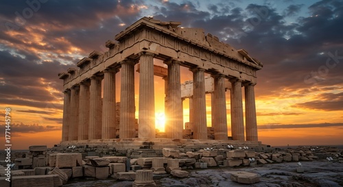 Parthenon at Sunset Iconic Greek Temple on the Acropolis with Athens, and with Golden Sky.