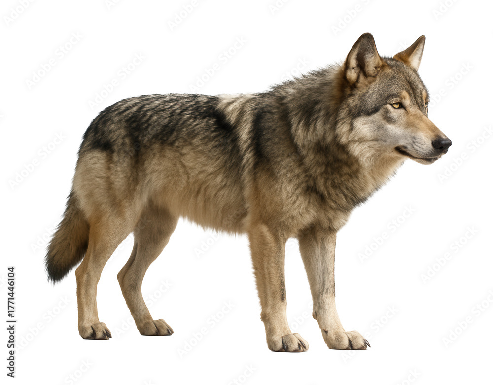 Fototapeta premium Adult gray wolf with thick, mottled fur and pointed ears, shown in profile.