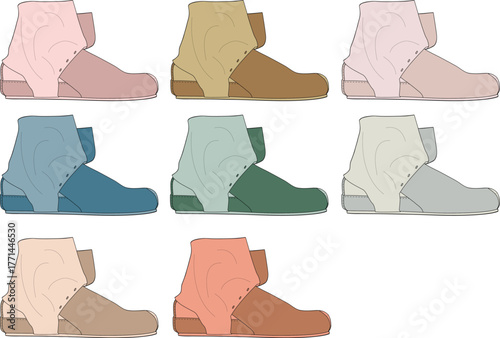 Collection of modern ankle-strap sneakers shown in multiple pastel and earth-tone colorways. A vector illustration set for footwear design