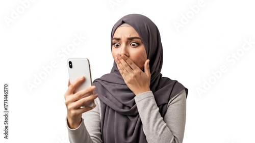 Worried muslim woman looking at smartphone isolated on white background