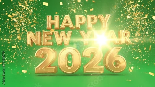 Golden happy new year 2026 wishes with sparkling lights on green background