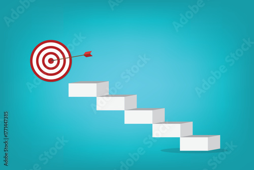 Goal, motivation to success. Climb up stairs to reach goal target on the top.	